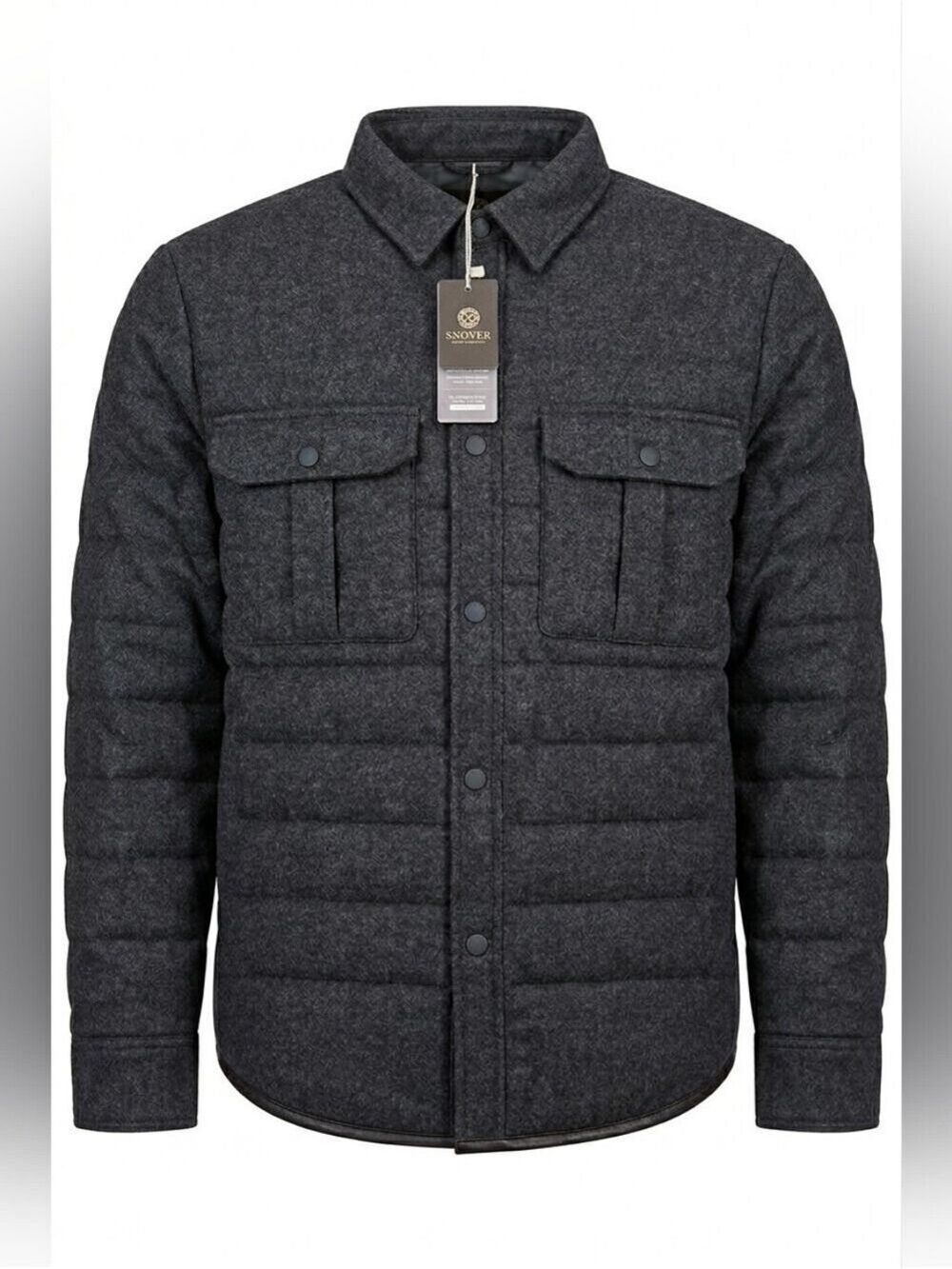 Men's Charcoal 100% Wool, Down Filled Quilted Collared Jacket  Snover XL, NWT